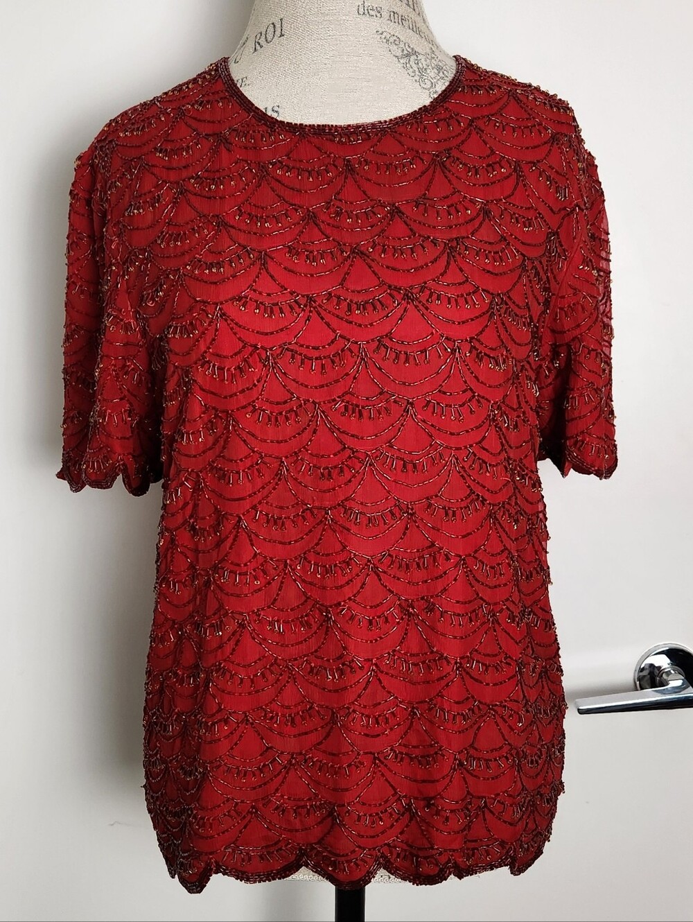 Vintage Red Silk Hand Beaded Top